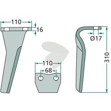 Kuhn rotorharvtann 110X310mm med 17mm hull, ideell for både mark og avlinger.