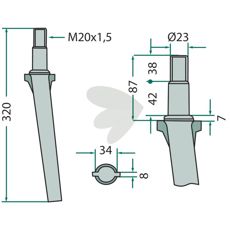 Lely rotorharvtind, 34X320mm, M20X1,5 gjenge for robust bruk.