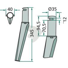 Rotorharvtind Krone 40X345mm med 12mm hull, perfekt for jordbearbeiding.