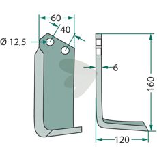 Jordfreskniv Tortella, c-c 40mm og 12,5mm hull, standardvariant.