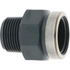 Muffe med utvendig og innvendig gjenge i PVC-U, for rørkoblinger og reparasjoner.