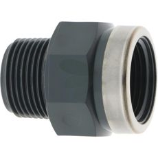 Muffe med utvendig og innvendig gjenge i PVC-U, for rørkoblinger og reparasjoner.