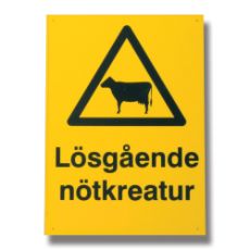 Skilt for å advare om løsdrift av storfe i området, viktig for trafikk og sikkerhet.