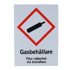 Skilt for gassbeholder, sikkerhetsinformasjon å vurdere ved bruk av gass.
