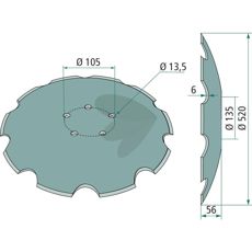 Tannet skive Ø520x6 mm med 5 hull, ideell for presisjon innen jordbruk.