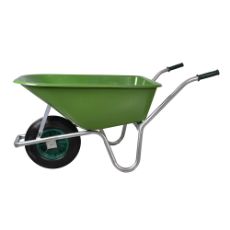 Grønn plasttrillebår 100 liter, perfekt for effektiv transport.