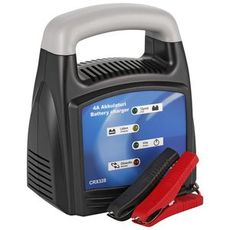 Kompakt 12V batterilader med 4A kapasitet, perfekt for mindre batterier.