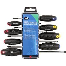 Praktisk skrutrekkersett med åtte verktøy for allsidige prosjekter.