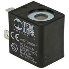 Kompakt 24V solenoid med 2W, designet for spesifikke maskinapplikasjoner.