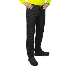 Mangesidige svarte stretchbukser, ideelle for arbeid og utendørsaktiviteter.