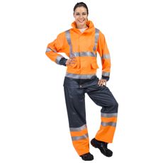 Oransje og blå regnjakke Astatiini Kl3 En20471, perfekt for utendørsarbeid.