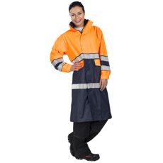 Kulta regnjakke i oransje og blå farge, lang modell, sertifisert for sikkerhet.