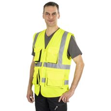 Gul varselvest med flere lommer for ekstra funksjonalitet.