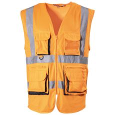 Oransje varselvest med lommer, klasse 2, ideell for sikkerhetsarbeid.