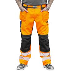 Oransje og svarte stretchbukser fra Triton med spikerlommer, perfekte for arbeid og utendørs.