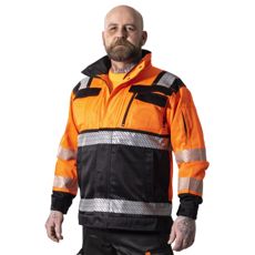Oransje og svart varseljakke Graniitti Kl2, EN20471, designet for maksimal beskyttelse og sikkerhet.