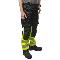 Varselbukser i gult og svart fra Greyson, designet for sikre arbeidsforhold.