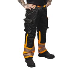 Varselbukser Greyson Kl1 i oransje og svart farge for høy synlighet og sikkerhet.