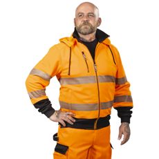 Oransje varsel-hettejakke med full glidelås, perfekt for synlighet og beskyttelse på arbeidsplassen.