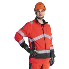 Rød og svart softshelljakke, perfekt for sikkerhet og stil ved arbeid.