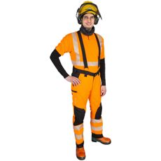 Sikre sagbeskyttelsesbukser En381 Kl1 i oransje/svart farge for optimalt beskyttelse.