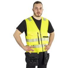 Tyson Kl1 gul håndverksvest som gir god synlighet og komfort ved arbeid.