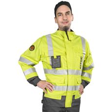 Flammesikker jakke i gult og grått, klasse 3, ideell for sikkerhet og synlighet.