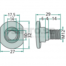 Kombinasjon av bolt og mutter M12x29, utformet for robuste og pålitelige forbindelser.