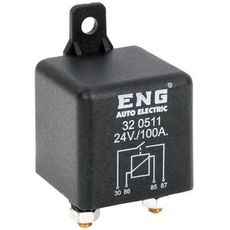 Omkoblingsrelé 4-pol 24V 100A, robust og pålitelig for høy belastning.