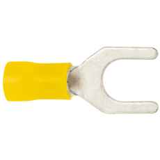 Gul gaffelkabelsko 6mm i pakke med 100, perfekt for elektriske tilkoblinger.