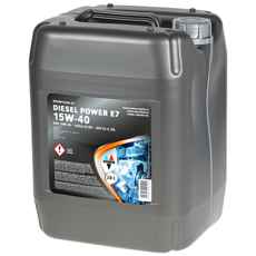 Motorolje Diesel Power E7 15W-40 i en 20 liters beholder for kraftfull ytelse.